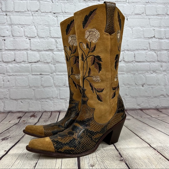 Antonio Melani Brown Suede and Snakeskin Floral Embroidery Heeled Cowboy Boots - Picture 9 of 16